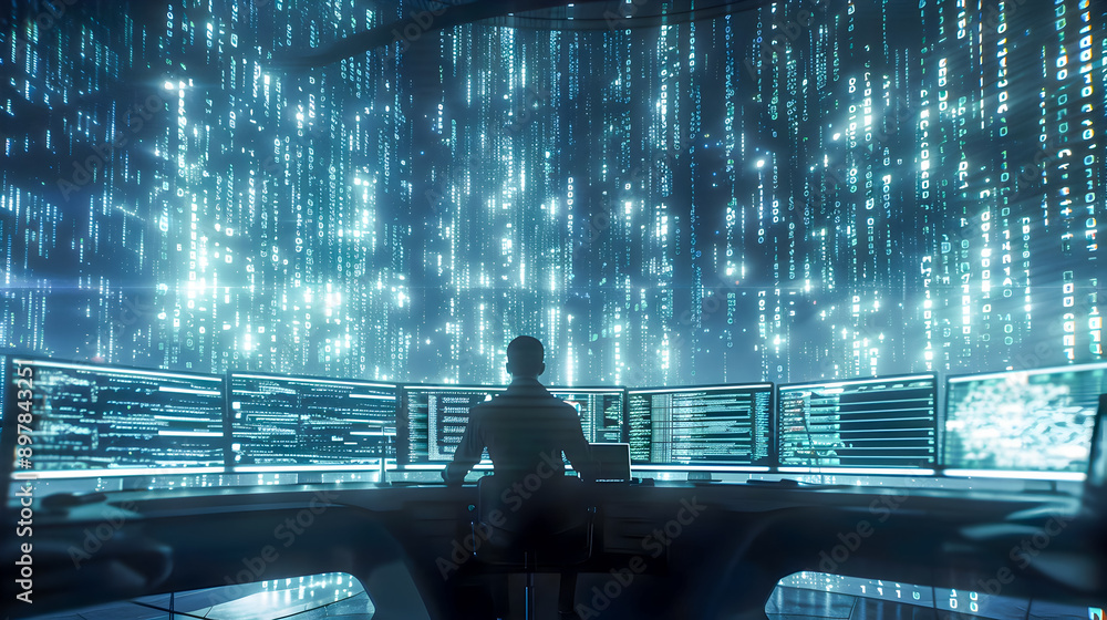 Poster immersive futuristic workstation with cascading streams of binary code and glowing screens showcasin