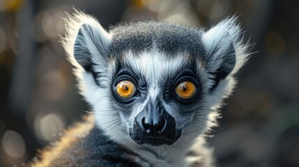araffe with orange eyes looking at the camera while sitting on a tree