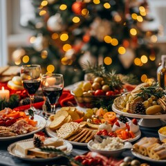 Christmas Dinner table full of dishes with food and snacks, New Year's decor with a Christmas tree on the background 