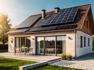 Close-up of a new suburban house with a photovoltaic system on the roof. Simple and modern environmentally friendly house with solar panels on the gable roof, with sunlight during the day