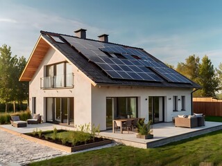 Close-up of a new suburban house with a photovoltaic system on the roof. Simple and modern environmentally friendly house with solar panels on the gable roof, with sunlight during the day
