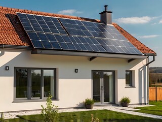 Fototapeta premium Close-up of a new suburban house with a photovoltaic system on the roof. Simple and modern environmentally friendly house with solar panels on the gable roof, with sunlight during the day