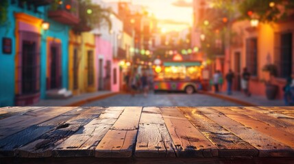 Fototapeta premium Rustic Wooden Tabletop with Blurred Colorful Street Scene