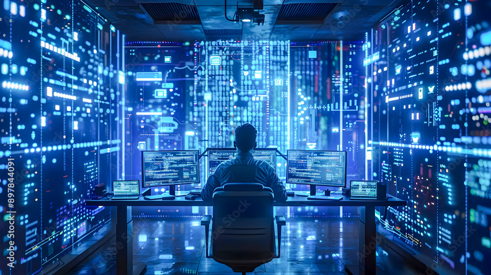 Poster a person working at an advanced high tech desk surrounded by multiple displays showing various data 