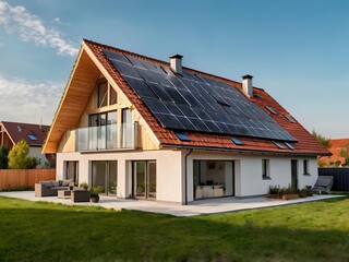Obraz premium Close-up of a new suburban house with a photovoltaic system on the roof. Simple and modern environmentally friendly house with solar panels on the gable roof, with sunlight during the day