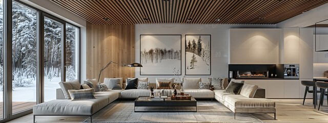 Scandinavian style interior rendering of a modern house featuring a wooden ceiling, white walls, and a light gray sofa. The space includes a large window with a winter landscape view.