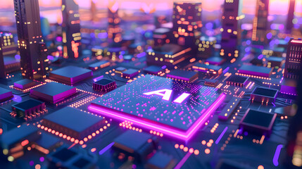 Obraz premium Glowing microchip labeled with neon pink and purple lights situated in the middle of a futuristic cityscape at dusk