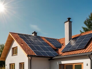 Close-up of a new suburban house with a photovoltaic system on the roof. Simple and modern environmentally friendly house with solar panels on the gable roof, with sunlight during the day