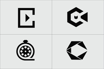 set of letter C CC in film maker logo template, large set of vector logos photo and video production C initial
