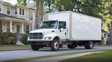 Delivery truck with blank white board for mockup information is parked at urban street with stone road and sidewalk