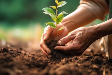 Hands holding or planting a seedling plant in soil. Plants for save earth or world environment day