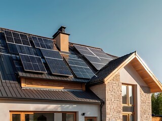 Close-up of a new suburban house with a photovoltaic system on the roof. Simple and modern environmentally friendly house with solar panels on the gable roof, with sunlight during the day