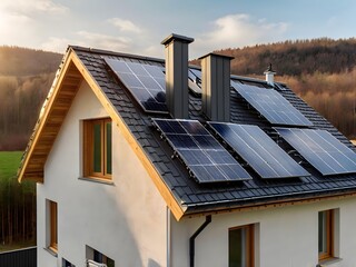 Fototapeta premium Close-up of a new suburban house with a photovoltaic system on the roof. Simple and modern environmentally friendly house with solar panels on the gable roof, with sunlight during the day