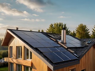 Close-up of a new suburban house with a photovoltaic system on the roof. Simple and modern environmentally friendly house with solar panels on the gable roof, with sunlight during the day