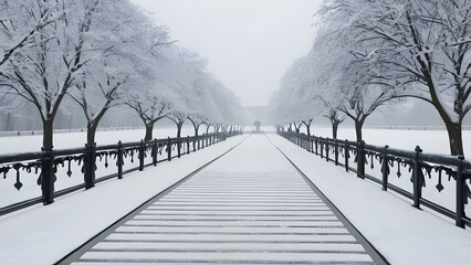 Fototapeta premium Lot of snowfall and empty walkway