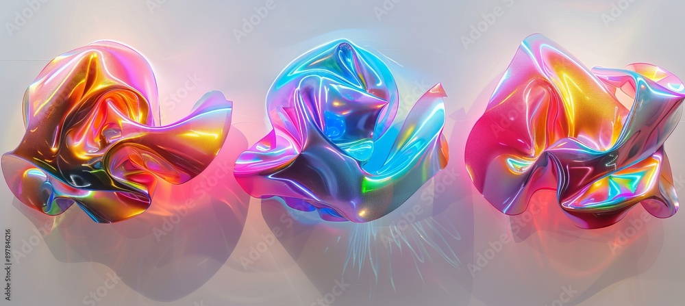 Poster iridescent colorful glowing crumpled paper. generative ai technology.