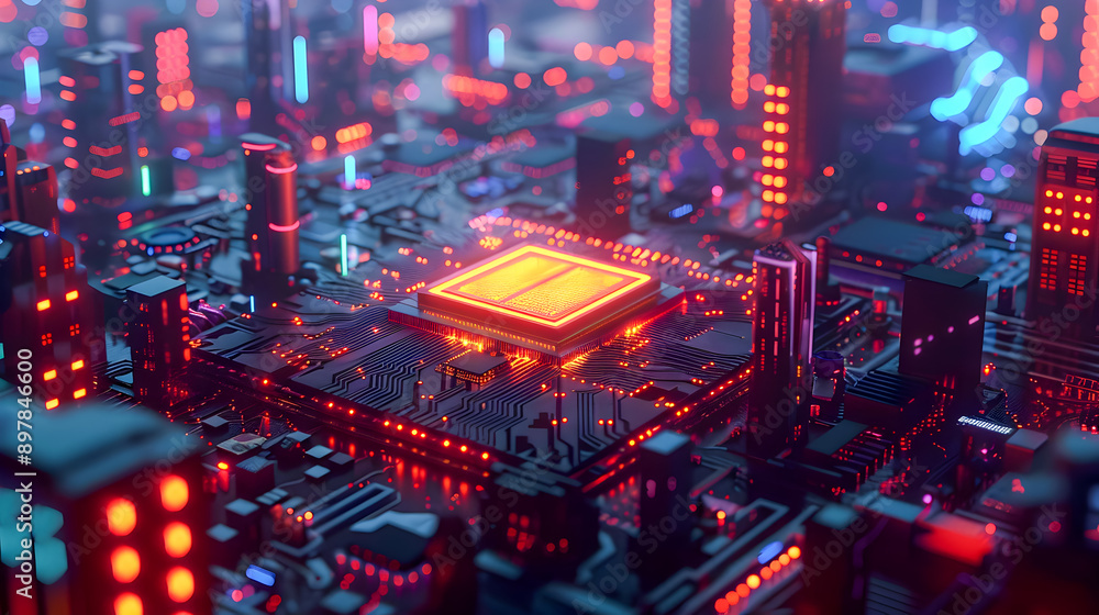 Poster a close up view of a glowing microchip surrounded by intricate electronic components set against a v