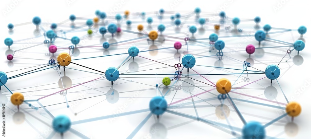 Poster Online structure connect dots and lines. Network technology wireless server communication system. Team social linked global digital database. Generative AI technology.