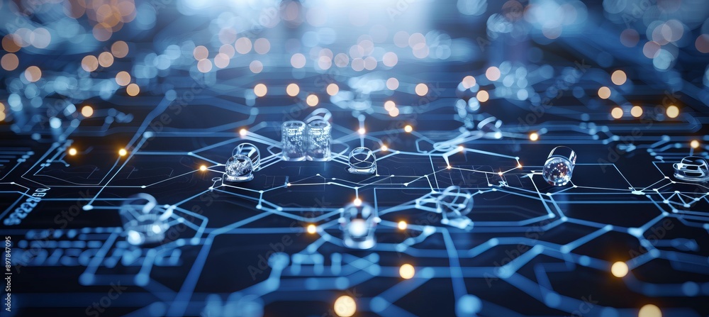 Fototapete Digital network circuit structure. Technology wireless server communication system. Team social linked global digital database. Generative AI technology.