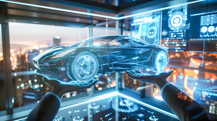 Fototapeta premium Sleek and modern car suspended above a corporate office setting glowing with blue lights and advanced technology The scene features a futuristic holographic interface cityscape view and an immersive