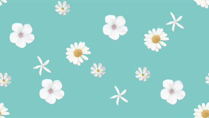 Floral seamless pattern, assorted white flowers on blue background