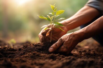 Hands holding or planting a seedling plant in soil. Plants for save earth or world environment day