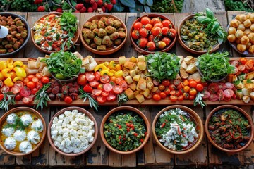 A traditional Turkish mezze platter filled with colorful vegetables, herbs, and various dishes, beautifully arranged on a rustic wooden table.