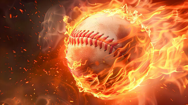 A stunning close up shot of a flaming baseball frozen in mid air showcasing vivid flames sharp details and high contrast drama  The sports object is engulfed in an explosive