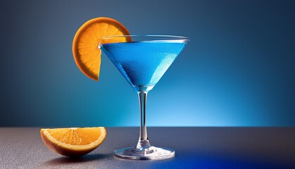 Fototapeta premium A martini glass filled with a blue liquid, garnished with a slice of orange, on a plain, light