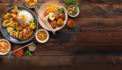 Flat lay of a collage featuring vegan dishes like quinoa salad and tofu stir-fry alongside m 
