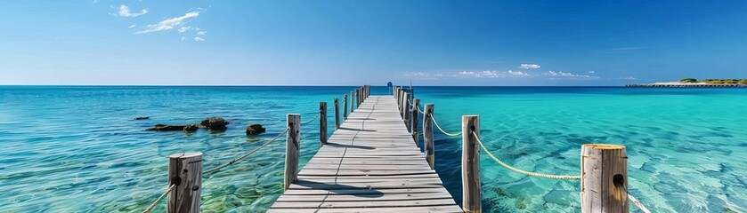A wooden dock leading to clear blue ocean waters under a sunny sky