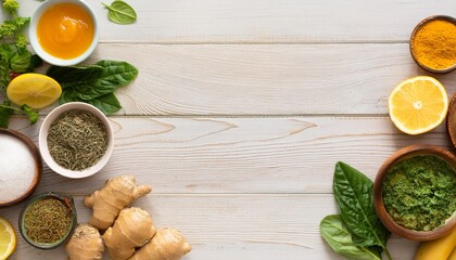 Flat lay of a variety of cleansing foods including lemon, turmeric, and leafy greens, arrang