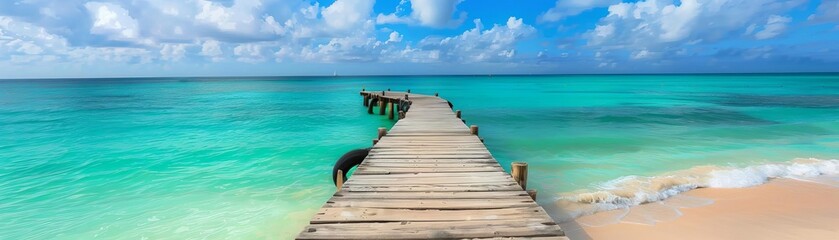 Obraz premium A serene tropical beach with a wooden pier extending into turquoise water