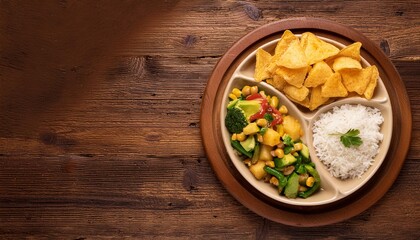  Top view of a rustic wooden table with a divided plate, one half filled with steamed vegetable