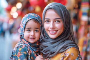 Obraz premium Arabian mother and daughter in cheongsam enjoy the lunar new year celebration