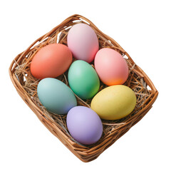 Macaroon colored Easter eggs in a square basket to celebrate the Easter concept