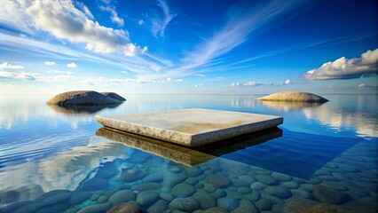 A unique stone platform seemingly floating in the middle of a serene pool. The podium is textured with natural rock patterns, and the water around it is perfectly still, reflecting the podium