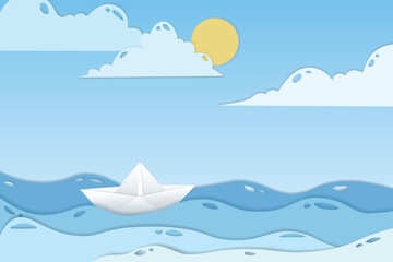 3d vector paper cut water waves with boat, sun clouds. Papercut art illustration in minimalistic craft carving style. Modern layout colorful concept for background cover, poster, card.