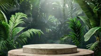 Background podium jungle product platform 3D green wood display pedestal.  forest plant garden stage water presentation stone table Generative Ai 