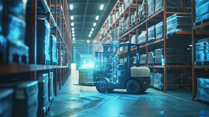 A forklift operated by artificial intelligence is working in a warehouse for storing goods. Holographic information about the product is displayed next to it.