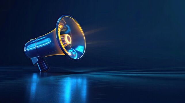 Hologram of a megaphone on the dark blue background.