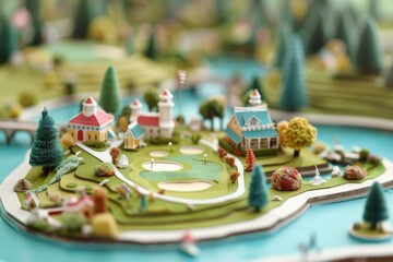 Naklejka premium Miniature Golf Adventure: Intricate Paper Craft Diorama of a Whimsical Course