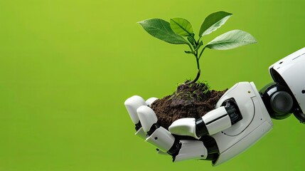 The robot's white hand holds a handful of earth with a plant sprout.