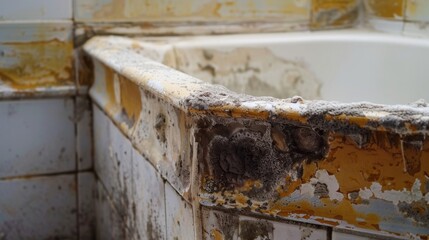 Neglected Bathtub Corner: Urgent Cleaning Needed to Remove Mold and Limestone Build-Up in Unhealthy Bathroom Conditions