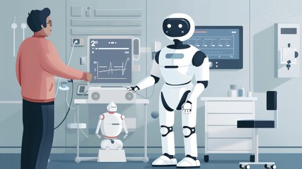 Naklejka premium Futuristic Healthcare Facility with AI Diagnostics and Advanced Medical Robots - Innovative Medical Technology Illustration