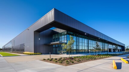 Modern building in aluminum siding and flat angled roofline and front windows.