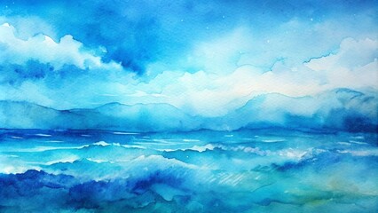 Fototapeta premium Ocean-themed watercolor art with clouds and mountains. Fresh, cheerful, and relaxing summer vibes in positive and healthy tones