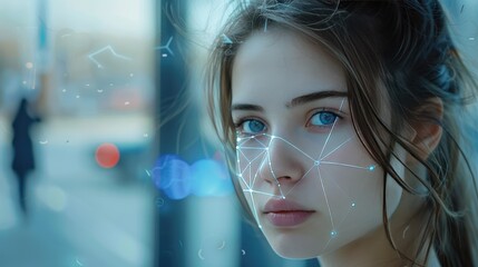 Facial Recognition Technology - AI Enhanced Portrait of Woman with Digital Interface Overlay