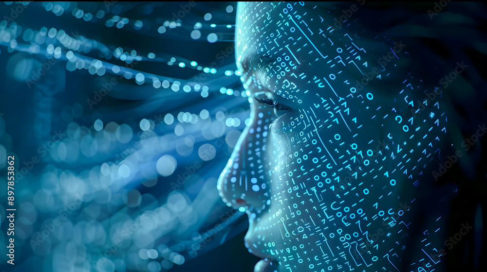 Poster digitally rendered face partially formed by glowing binary code and data streams emerging from a dar