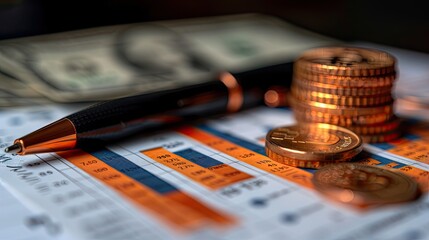Economy and finance background with money coins , pen and stocks market graphs in blurry backdrop